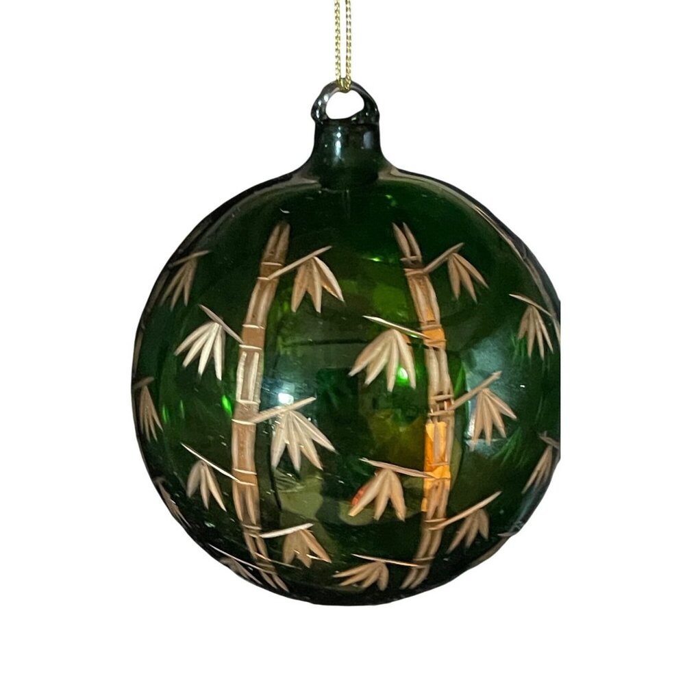 Emerald Green Hand Blown Art Glass Etched w/ Gold Bamboo Christmas Ornament 4”